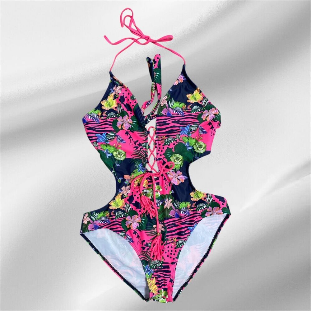 Shein Ladies Blue Floral Print Size L‎ UNDERWIRED SWIMSUIT / Swimming Costume